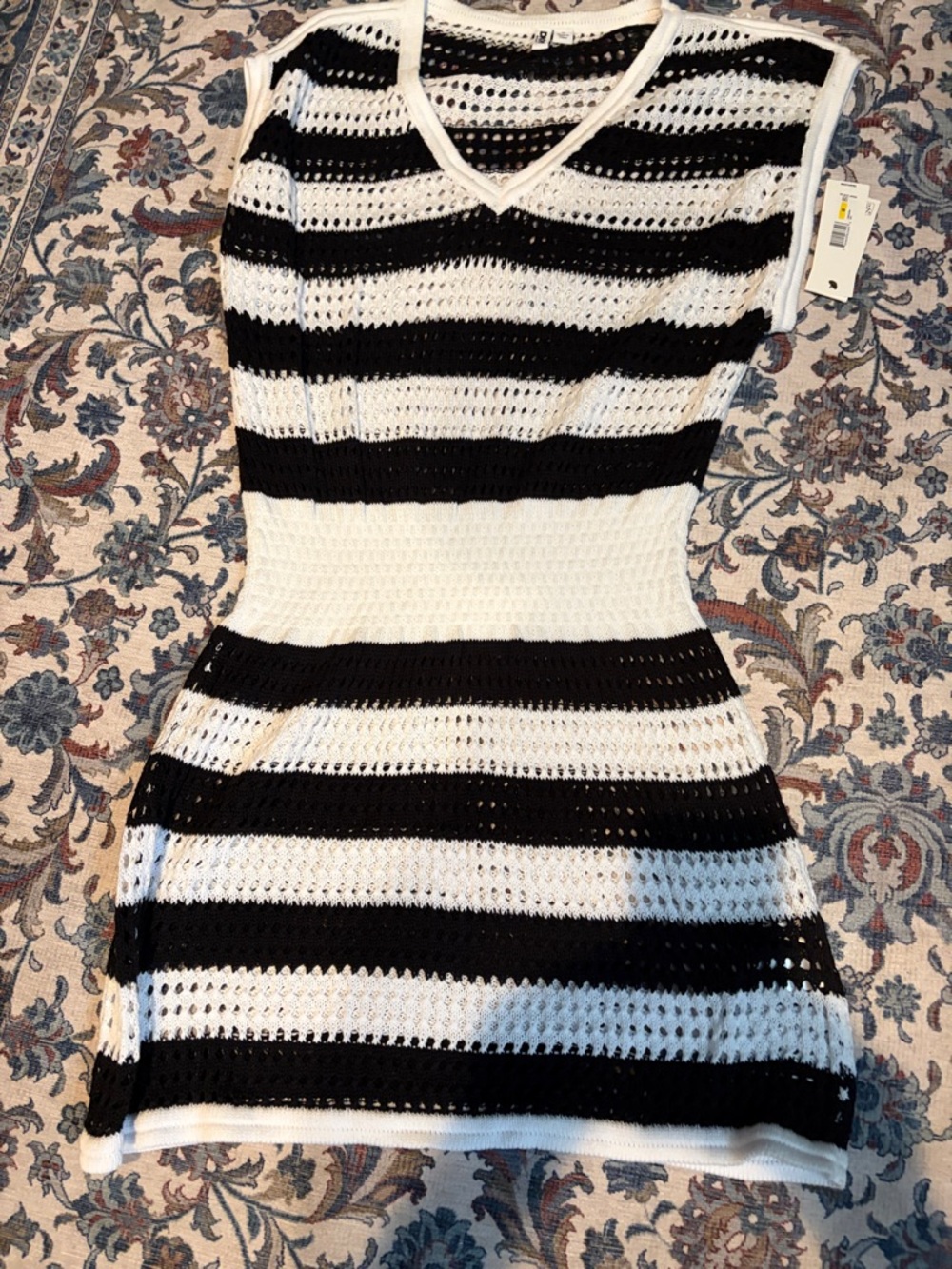 Striped Black and White Mini Dress - V-Neck Knit